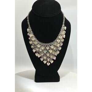 Silver Tone Heart Bib Statement Necklace Rhinestone Fringe Adjustable